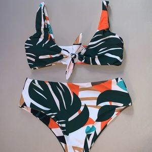 High Waisted Bikini with Palm Leaf Design